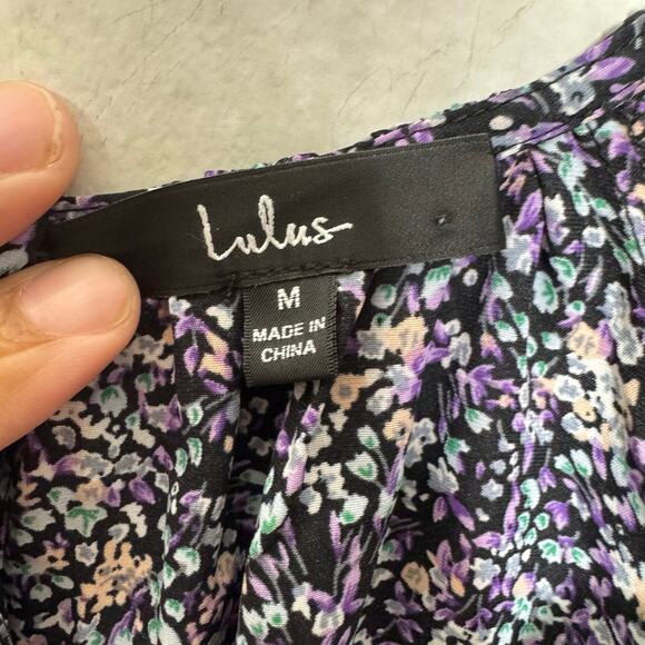 Lulus Black Purple Floral Smocked Peasant Blouse Size M Boho Crop Top - Picture 7 of 9